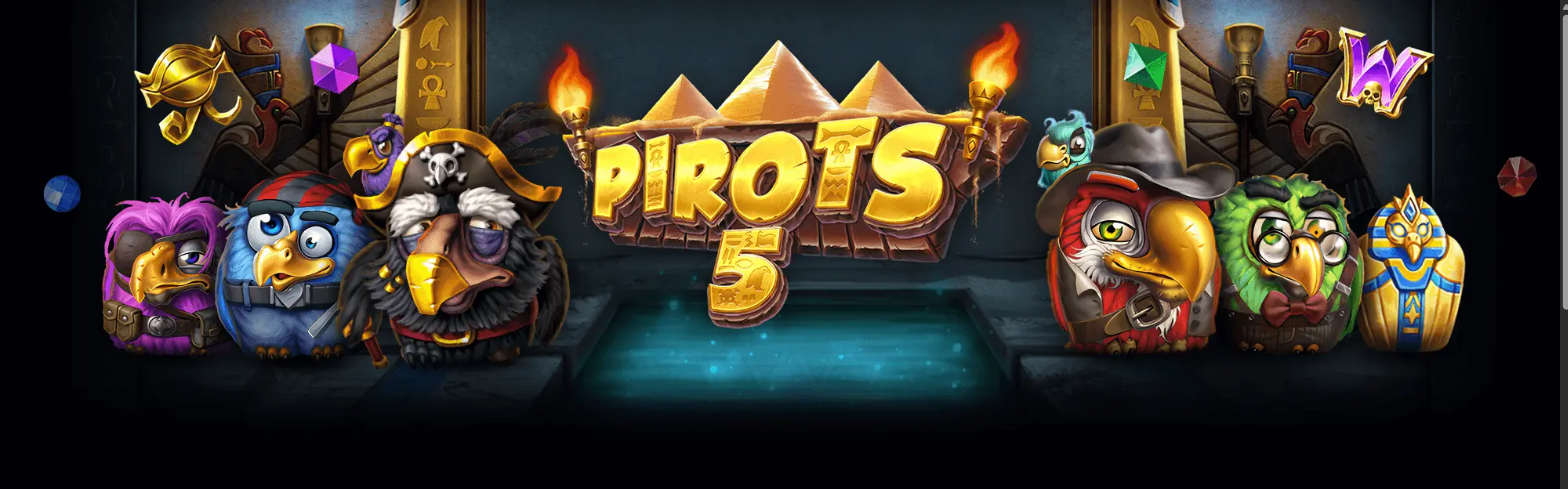 Kampanjbanner för spelautomaten Pirots 5 med piratpapegojor och pyramider hos Huzzlin Casino