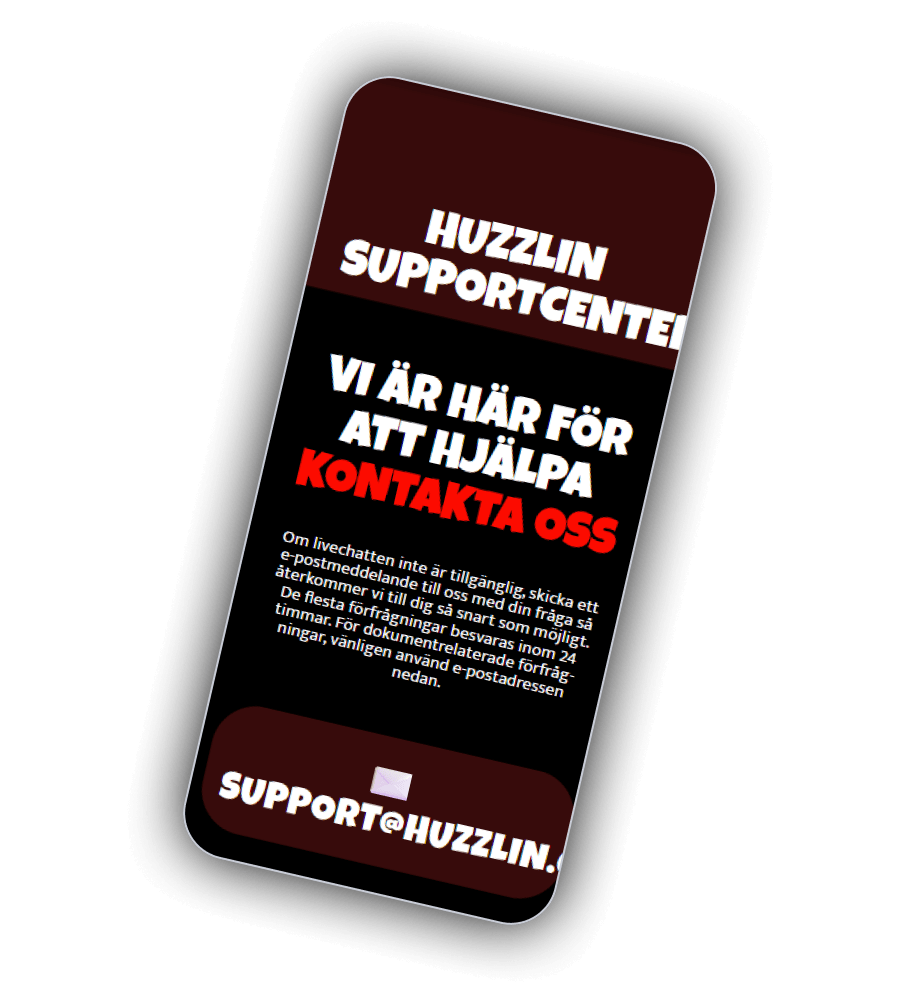 Huzzlin Casinos kontaktsida med livechatt och e-postadress
