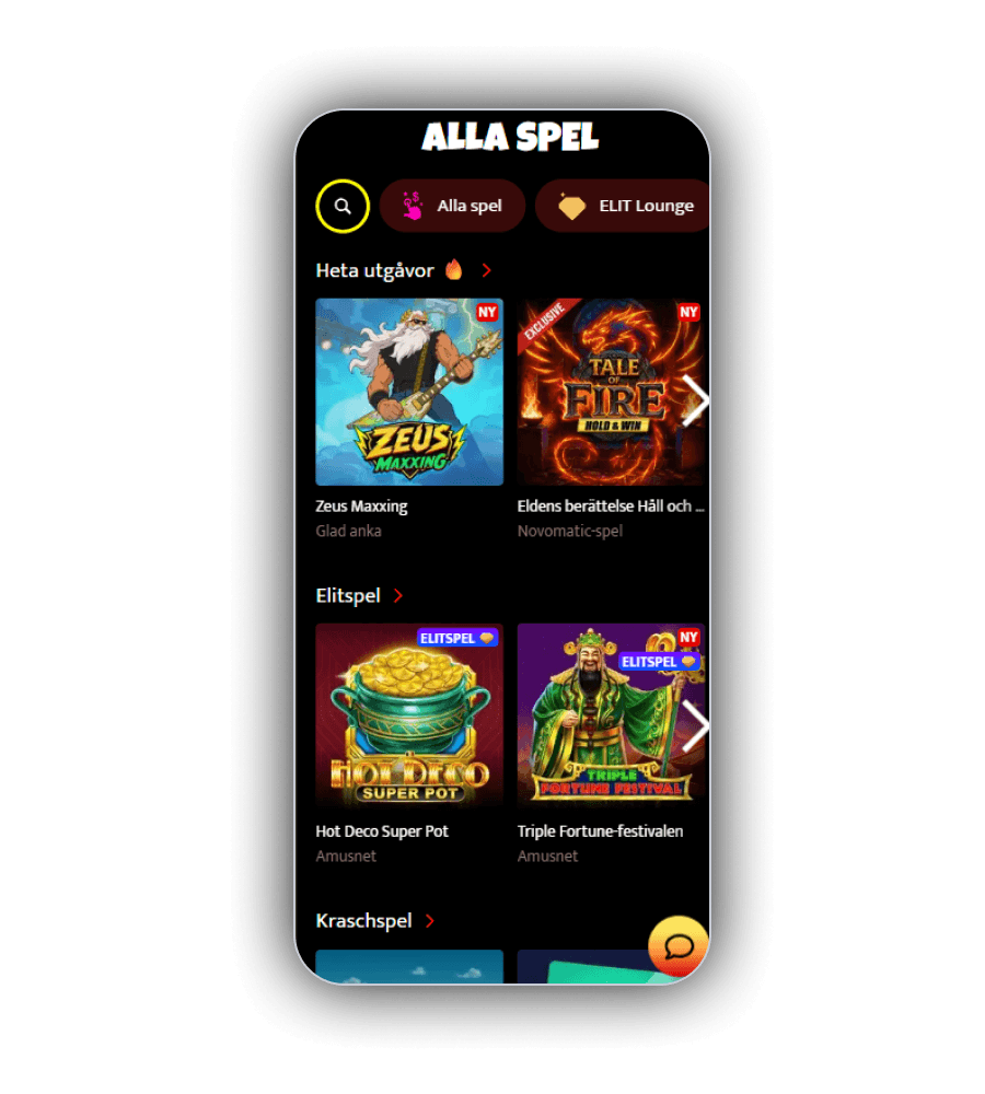 Huzzlin Casinos spelsida med kategorier och spelautomater