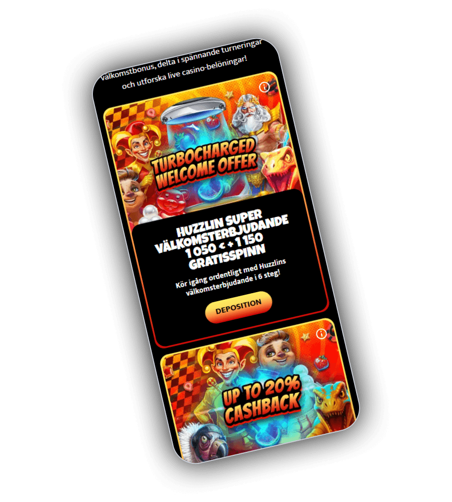 Huzzlin Casinos kampanjsida med välkomstpaketet och kampanjkort