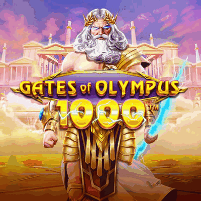 Spelautomaten Gates of Olympus 1000, Zeus med blixt framför Olympens portar hos Huzzlin Casino