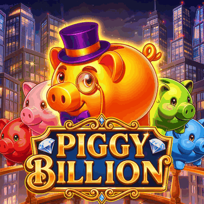 Spelautomaten Piggy Billion, färgglada spargrisar med hög hatt och monokel hos Huzzlin Casino