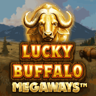 Spelautomaten Lucky Buffalo Megaways, gyllene buffel framför bergslandskap hos Huzzlin Casino