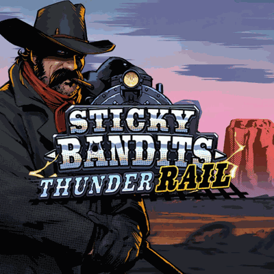 Spelautomaten Sticky Bandits Thunder Rail, vildavästern-bandit med ångtåg hos Huzzlin Casino