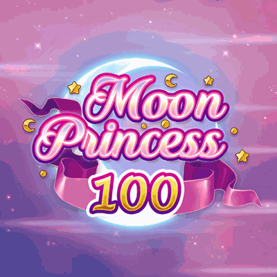 Spelautomaten Moon Princess 100, rosa månlogotyp med band och stjärnor hos Huzzlin Casino