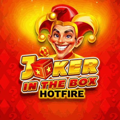 Spelautomaten Joker in the Box Hotfire, leende joker i gycklarmössa på röd bakgrund hos Huzzlin Casino